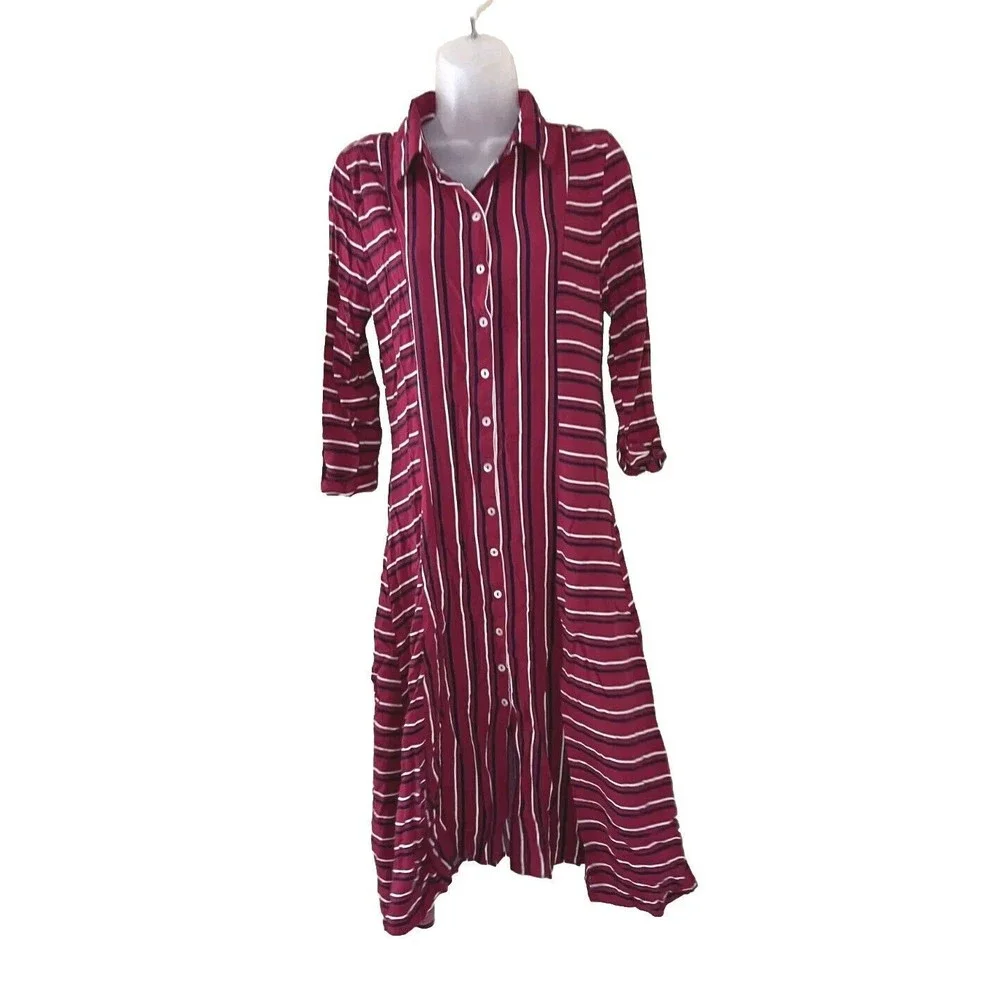Cover Story Womens Maxi Dress Burgundy Red Striped Size M 3/4 Sleeve Button Up - Picture 1 of 10